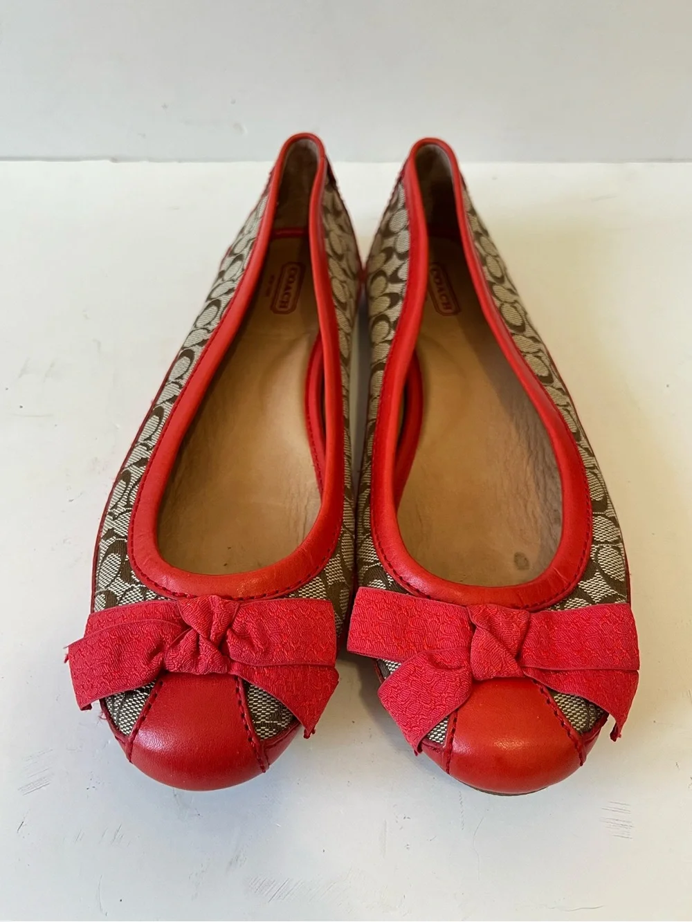 Coach Brown Signature Canvas Ballet Flats with Red Trim & Bow size 8.5B